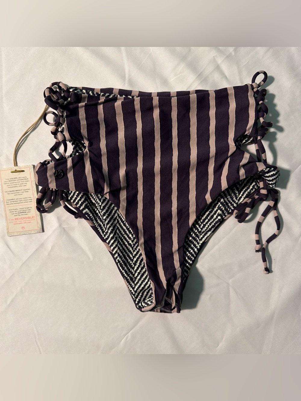 Maaji Vertical Stripe High-Waist Bikini Bottom - Black & Taupe